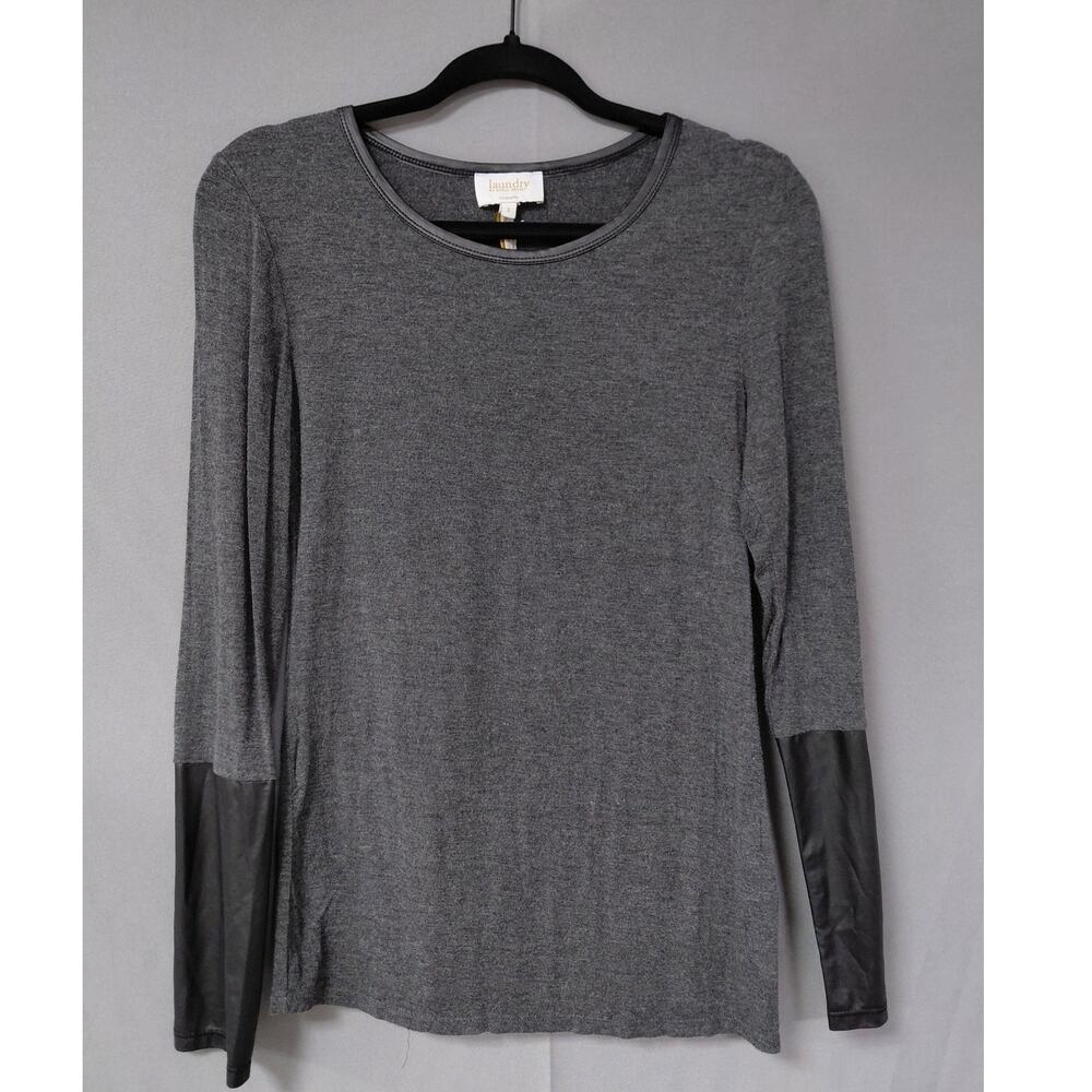 Laundry by Shelli Segal Gray Faux Leather Contrast Sleeve Top Women Size S - Picture 3 of 12